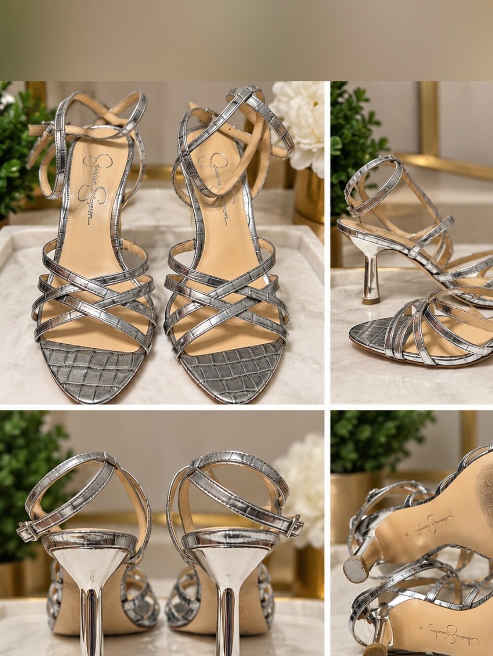 Jessica Simpson Cyrilla Silver Croc Strappy Heels – Size 8.5M